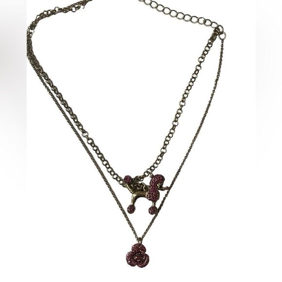 Betsey Johnson Vintage Poodle & Flower Double 1/2 Necklace - Picture 1 of 6